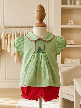 Baby Blessings Smocked Christmas Tree Outfit Red Bloomer Set 6M Boutique
